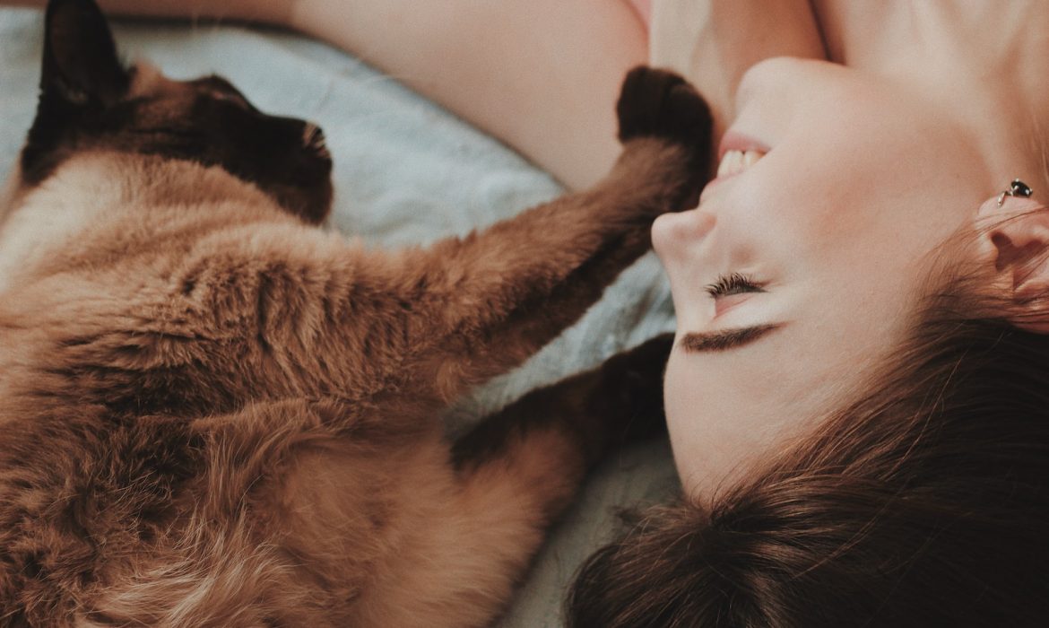 woman lying beside brown cat
