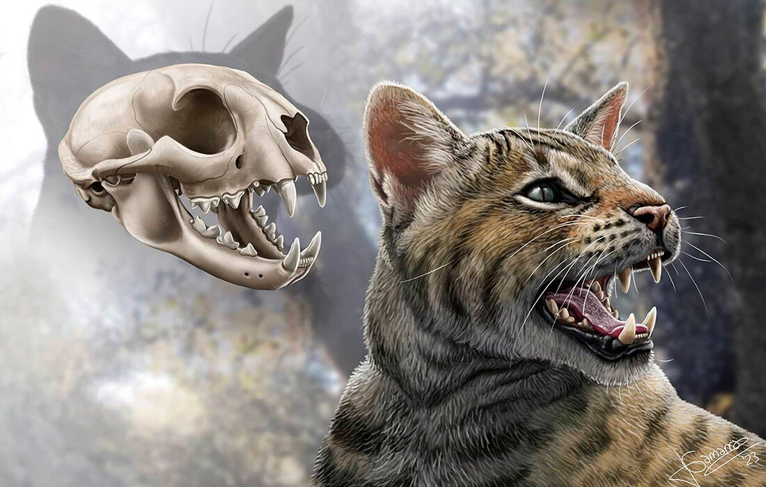 Reconstrucción del cráneo y aspecto en vida del felino 'Magerifelis peignei'. / Jesús Gamarra