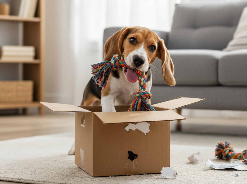 Cachorro perro con juguete - Propietario artículo