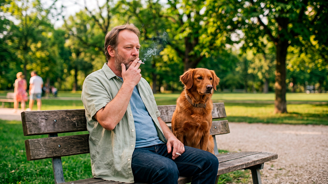 Perro con persona fumando